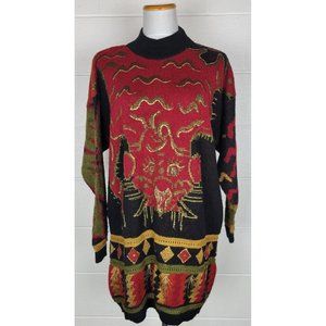 Vintage I.Magnin Long Tunic Sweater Black Gold Red Tiger‎ Tapestry L?